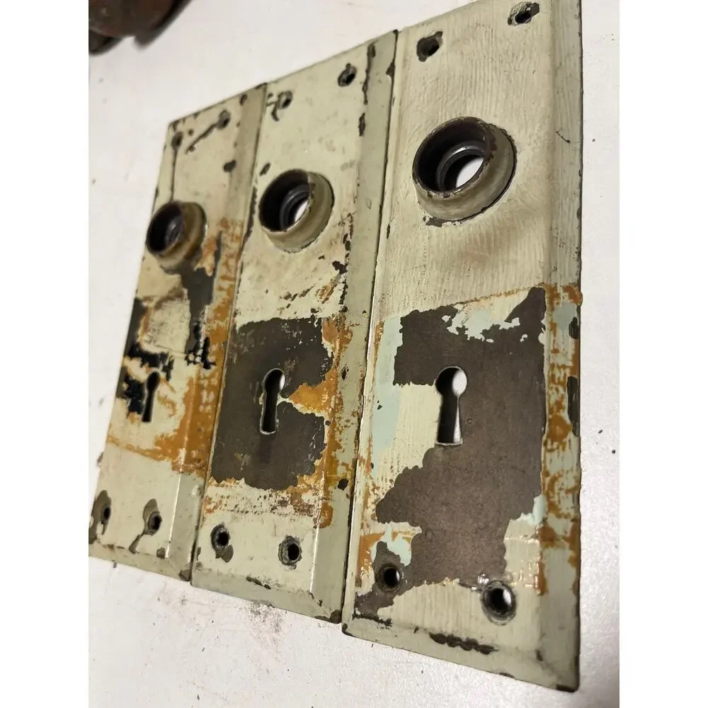 Lot of 3 Vintage Antique White Door Metal Backplates Escutcheon Chippy Paint